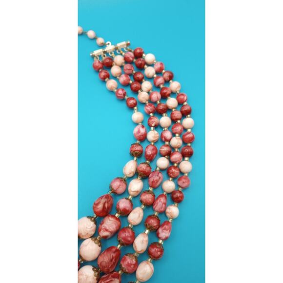 Vintage 5 Strand Beaded Choker Necklace Cranberry Red White Marble Hong Kong - Picture 3 of 8